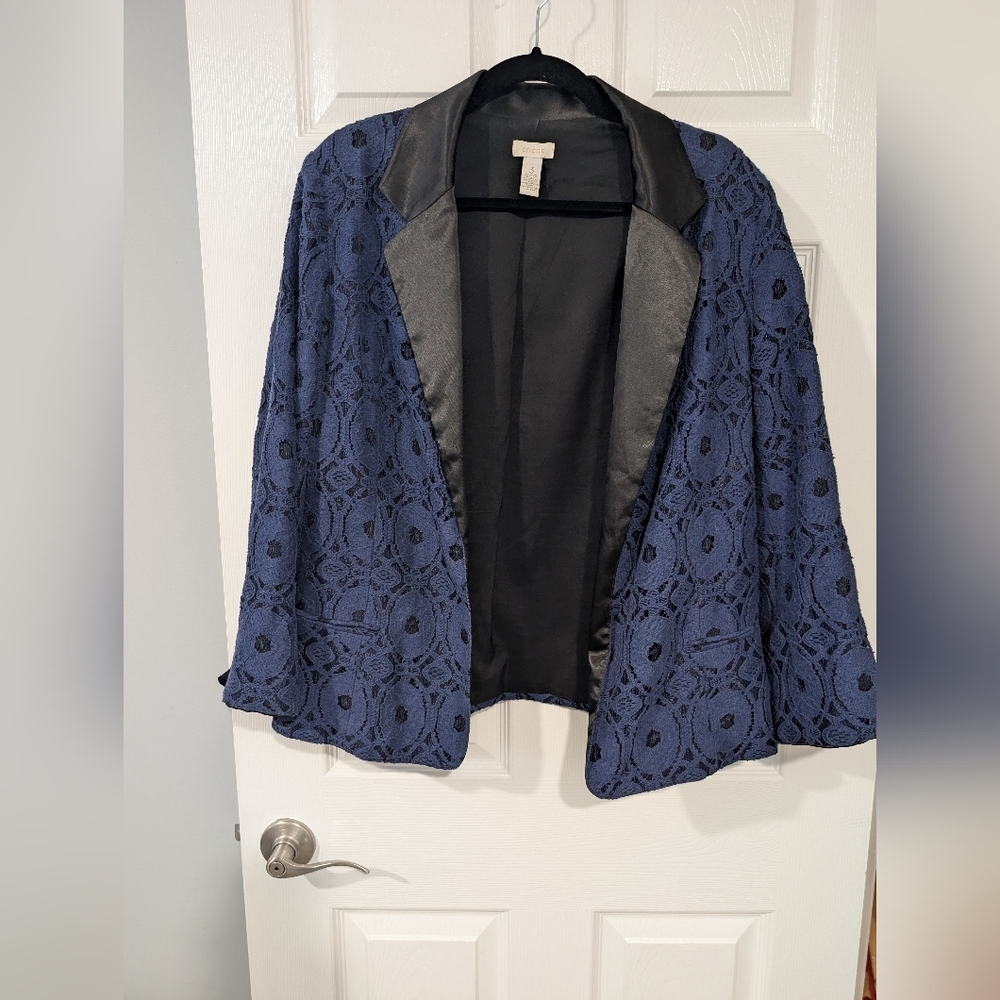 Chico's Casablanca Blue Lacey Overlay Long Sleeve Open Front Blazer in Size 3